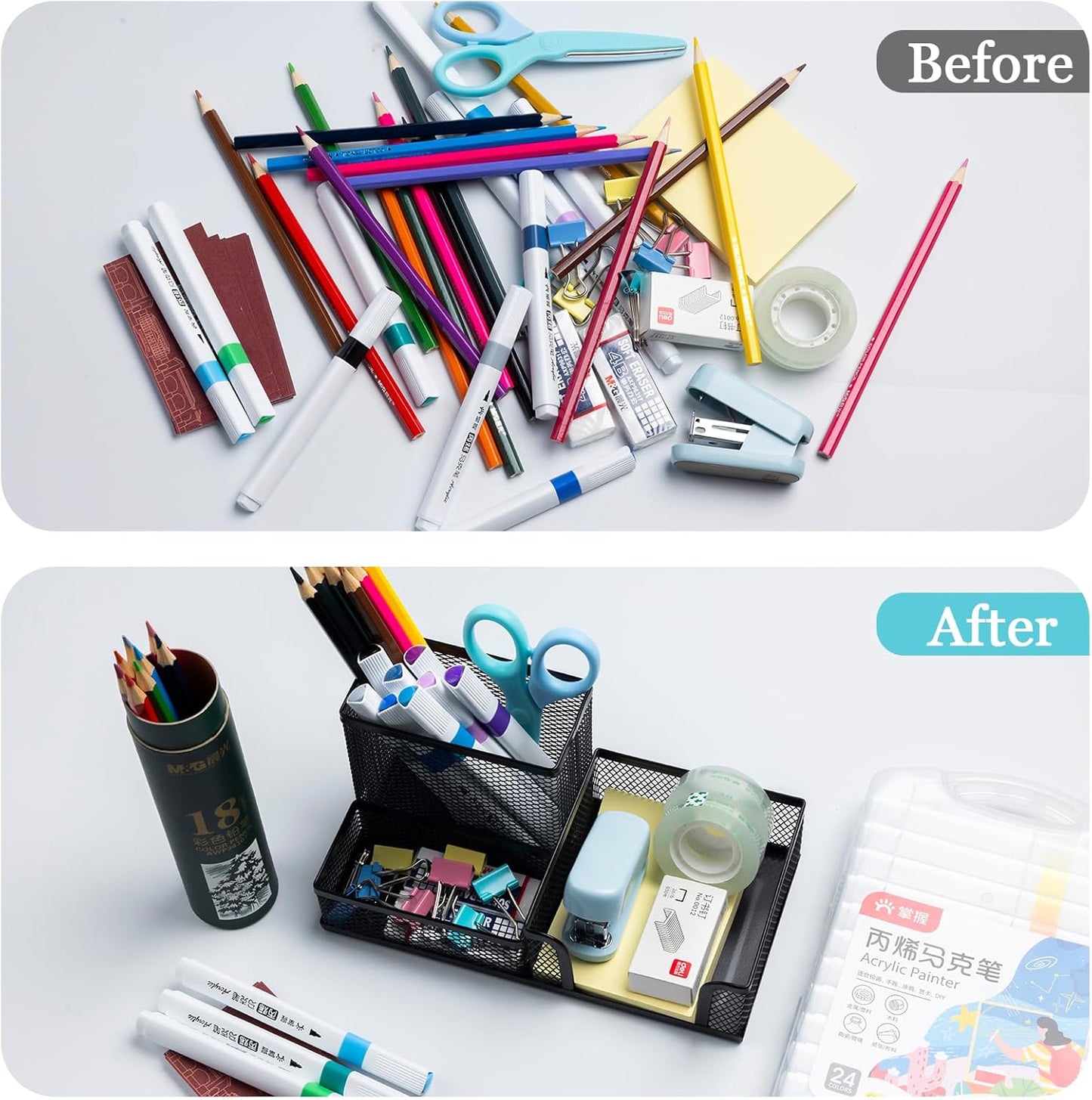 2 Pieces Black Mesh Pen Holder Desktop Organizers Pencil Holder for Desk 3 Compartments Metal Office Supply Organizer with Sticky Notes Holder forOffice Desk Accessories