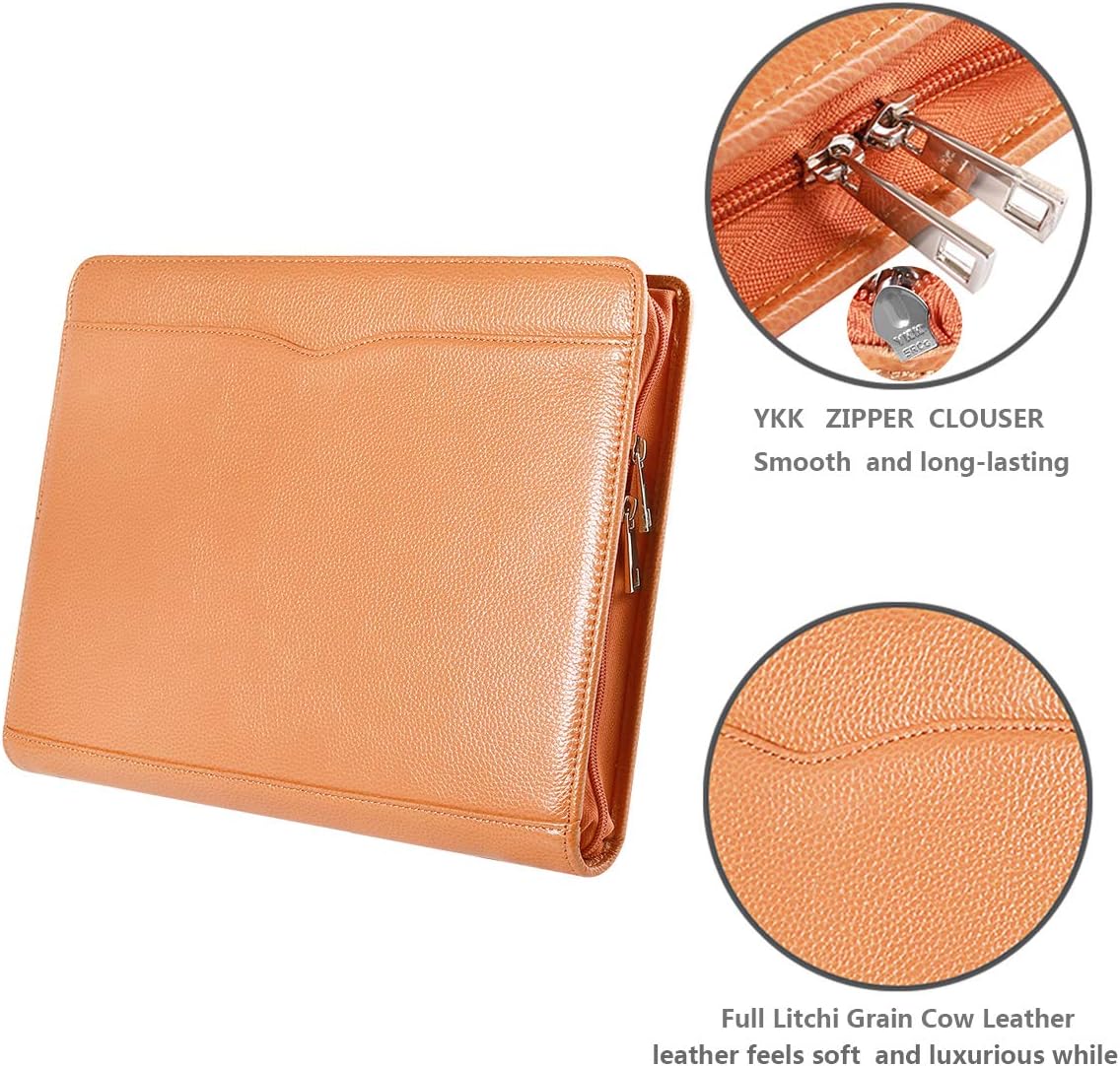 Professional Leather Business Padfolio Portfolio Case, 3 Ring Binder,Zippered Business Document Organizer Tablet Holder Folder Case,with Letter Size Notepad (Brown)