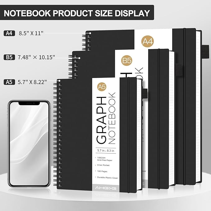 AHGXG Graph Paper Notebook - Spiral Notebook Journal 160 Pages, A5 Graph Notebook 5.7" x 8.3", 100 gsm Thick Grid Paper, Waterproof Plastic Cover, for School Writing Engineering Math, Black