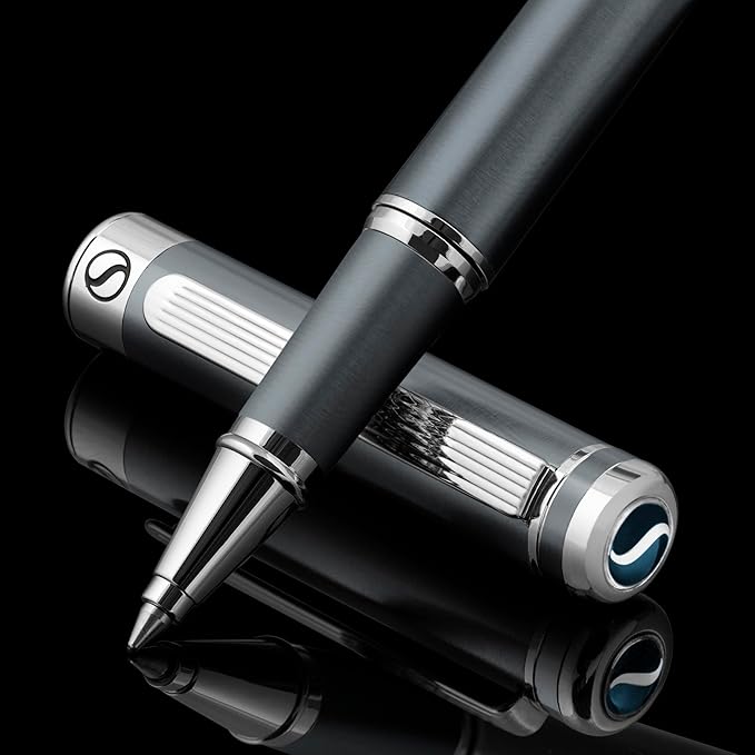 Scriveiner Dark Grey Rollerball Pen - Stunning Luxury Pen With Chrome Finish, Schmidt Ink Refill, Best Roller Ball Gift Set for Men & Women, Professional, Executive Office, Nice Pens