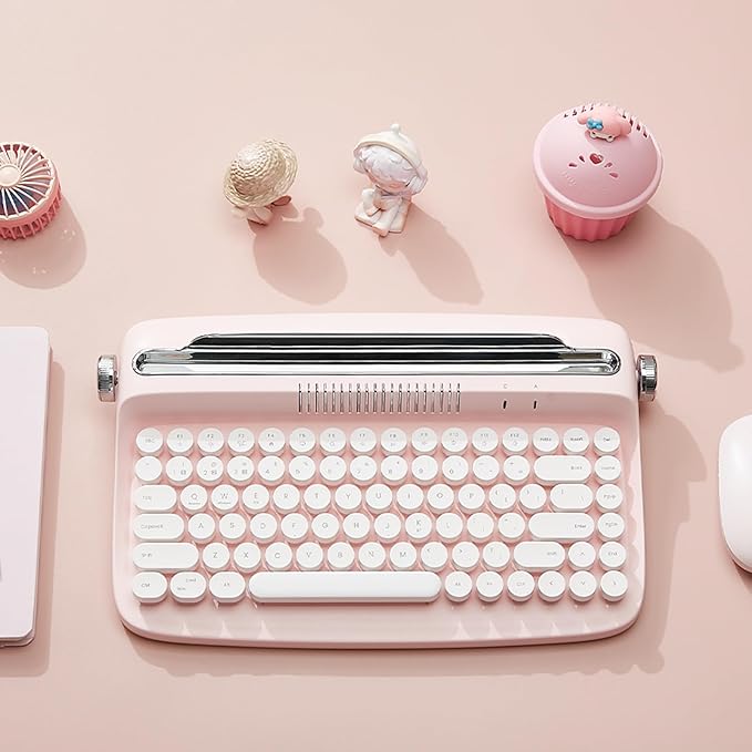 YUNZII ACTTO B303 Wireless Typewriter Keyboard, Bluetooth Connection, Cute Retro Aesthetic Design with Integrated Stand for Tablet, Phone, PC and Win/Mac/Android(B303, Baby Pink)