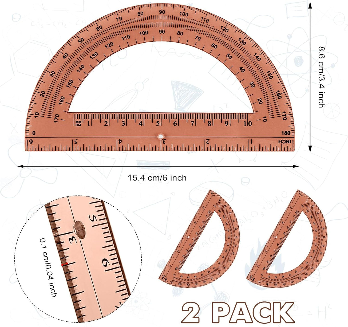 Zonon 2 Pcs 6 Inch Plastic Protractor Math Protractors 180 Degrees Angle Measurement, Translucent for Geometry Classroom Kid Student School Office Supplies(Brown)