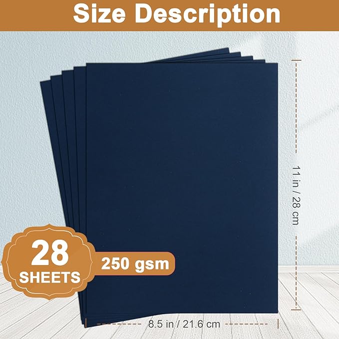 28 Sheets Navy Blue Cardstock 8.5 x 11 Scrapbooking Paper, 92lb Heavyweight Card Stock Printer Paper for DIY Making Cards, Greeting Cards, Wedding Invitations, Birthday, Menus