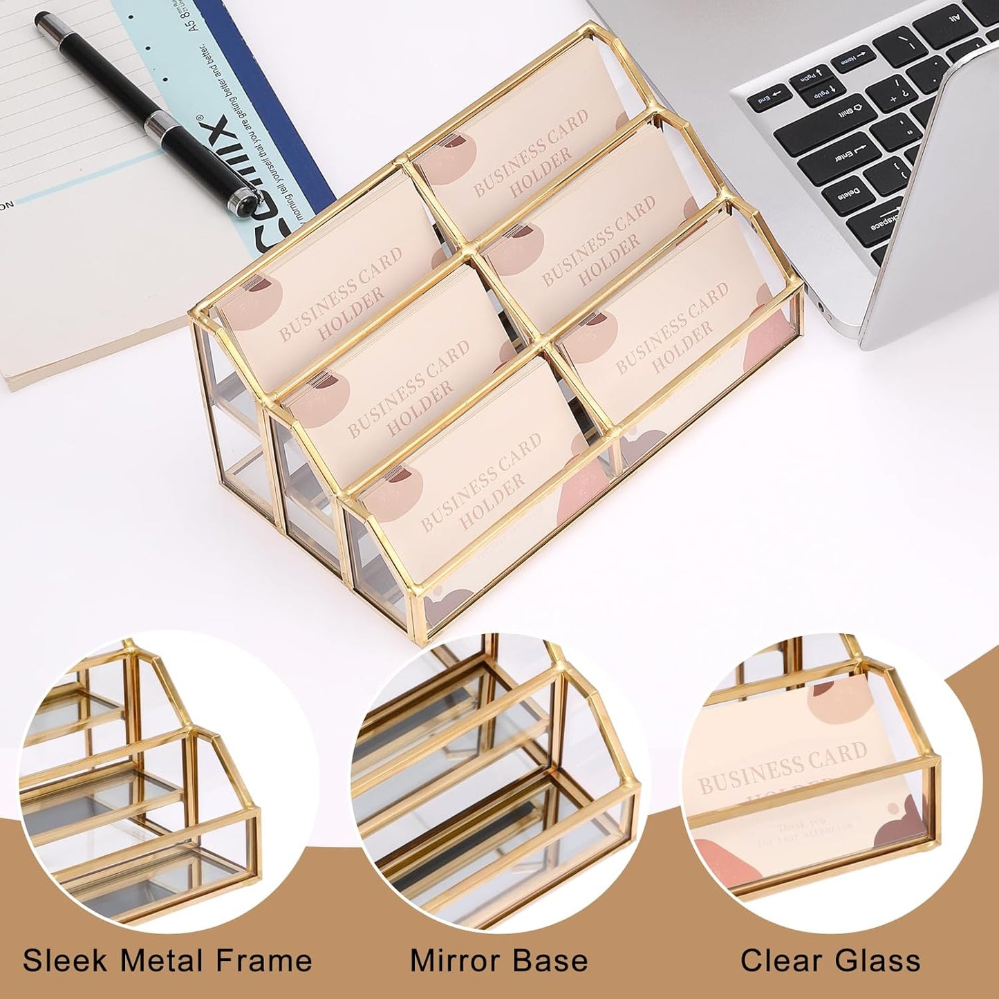 Hipiwe Gold Metal Desk Business Card Holder Glass Name Card Display Organizer 3 Tiers 6 Slot Business Card Stand for Exhibition Office Desktop