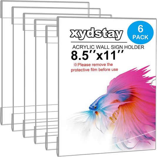 6pack Acrylic Wall Sign Holder with Tape,8.5 X 11 Wall Mount Clear Plastic Sign Holder, Memo Document Menu Holder for Restaurant, Office, School, Store and Home Use,No Drilling