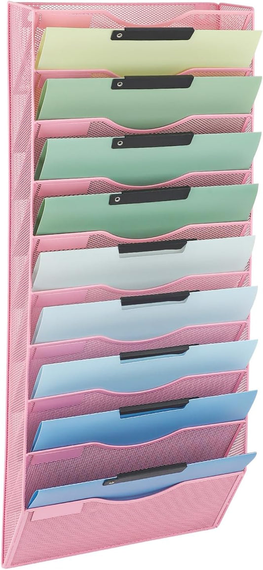 EASEPRES 10 Pocket Mesh Hanging Wall File Organizer, Wall Mounted Mail Paper Document Folder Holder, Clipboard Storage Organization Magazine Rack with Nametag Label for Office Home School, Pink