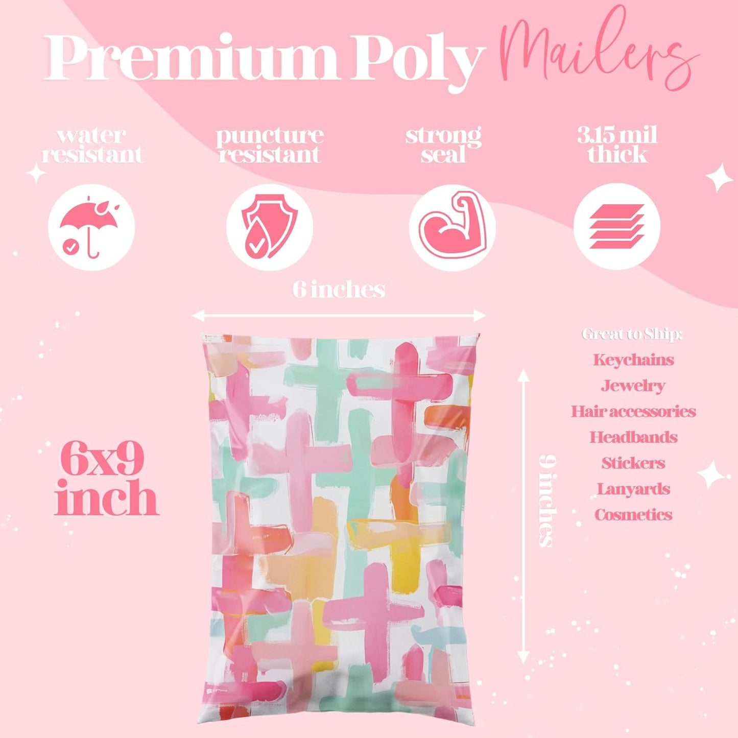 6x9 Designer Poly Mailer 100 Pack Heavy Duty Waterproof Self Seal Shipping Bags for Small Business Large Mailing Envelopes Bulk Tear Resistant Packaging Pastel Cross Faith