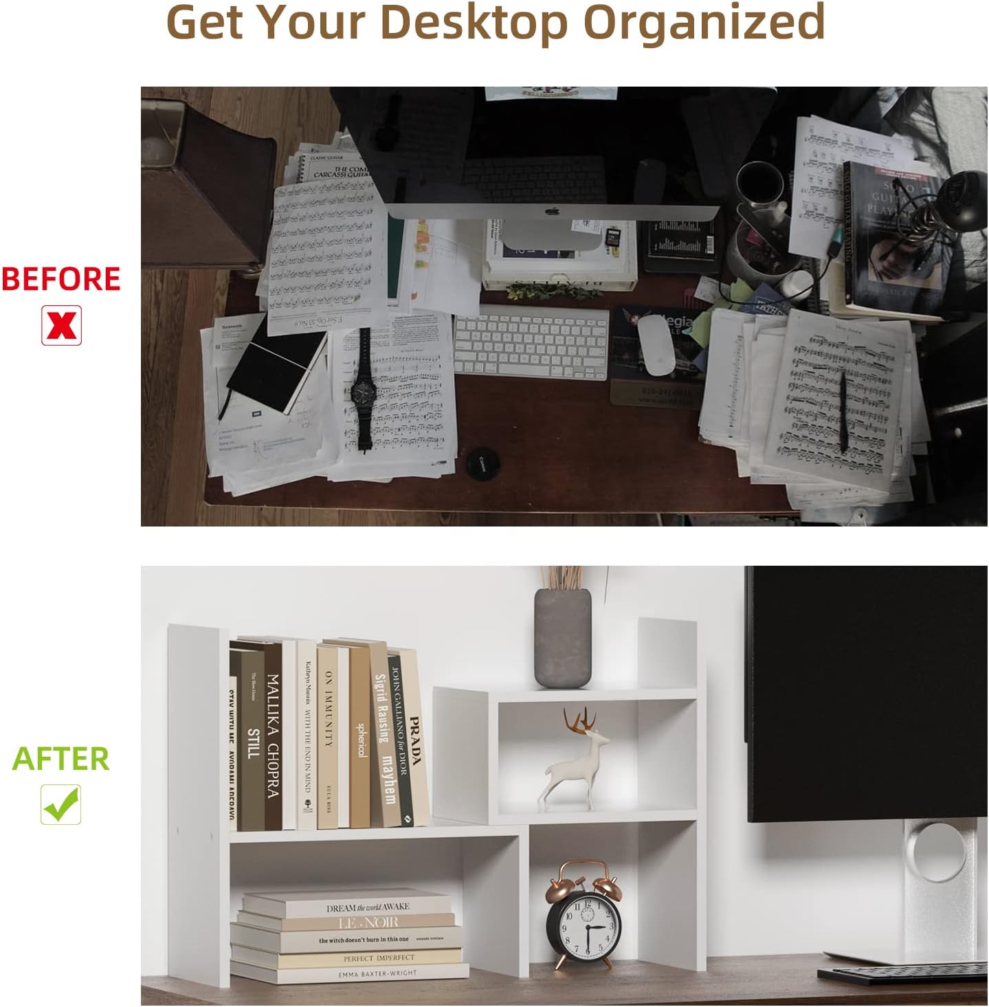 TY ARTS & CULTURE - Expandable Wood Desktop Storage Organizer Multipurpose Desk Bookshelf Display Shelf Rack Counter Top Bookcase for Office Home | Pure White