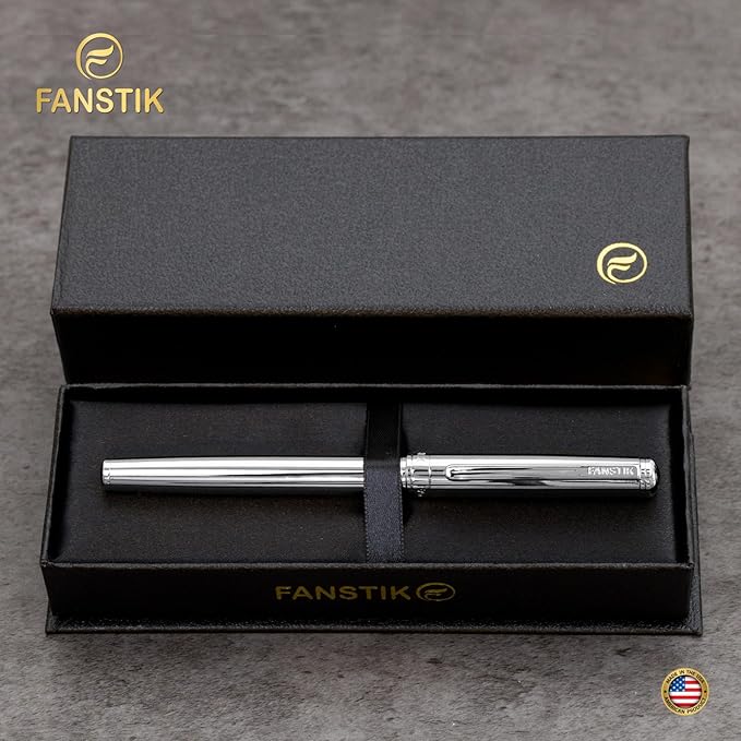 Customized Silver Luxury fountain pen (Made In USA) fancy gift set for women, Real 24K Gold Plating, Professional executive pen gift set for men (Lux Custom-fountain Silver)