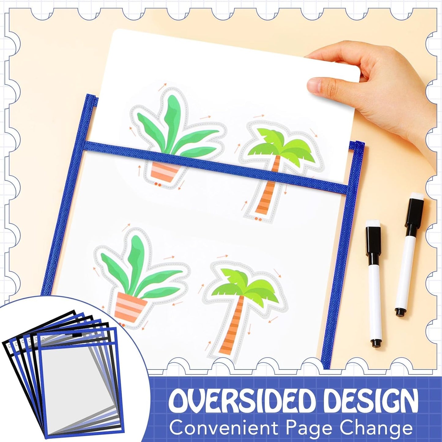 Teling 150 Pcs Dry Erase Pockets Bulk Reusable Job Ticket Holders Clear Plastic Sleeve Protector Work Order Sleeve Shop Ticket Holder for Welcome Teacher Back Office Supplies(10 x 14'',Black Blue)