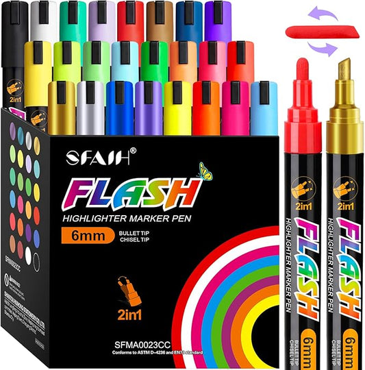 SFAIH 24 Vibrant Chalk Markers for Blackboard [1s Wet Wipe] - No Residue, 4.5-6mm Liquid Chalk Markers for School Sign Board, Calendar, Car Window, Glass, Non-Toxic, Zero Dust, With Highlighter Marker