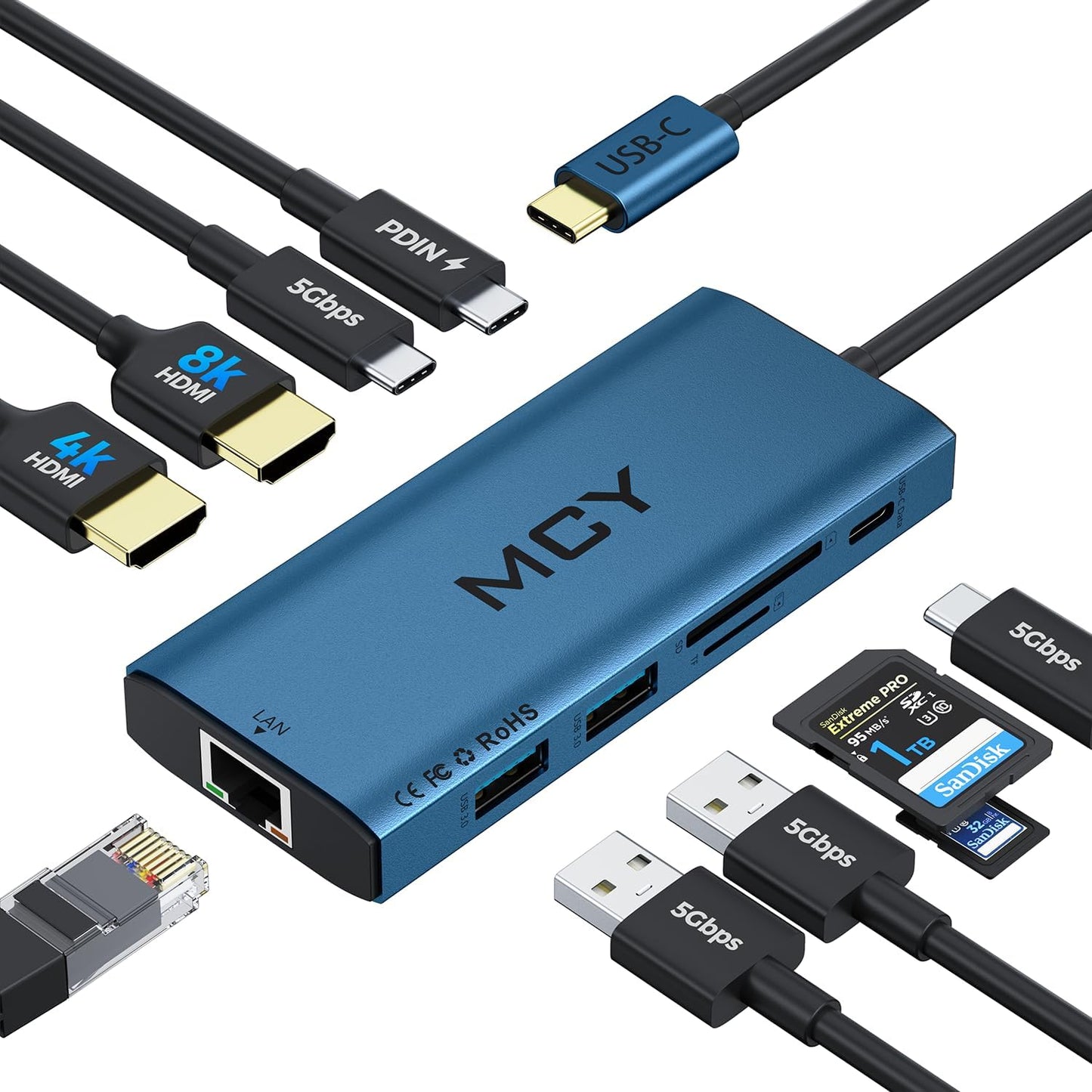 MCY USB C Hub,Laptop Docking Station Dual Monitor Single 8K,2x4K@60Hz,10 in 1 Type-C Multiport Adapter with 2 HDMI,PD100W,Extender Splitter,Card Reader,Ethernet Dock for Mac/Dell/HP/Surface/Steam Deck