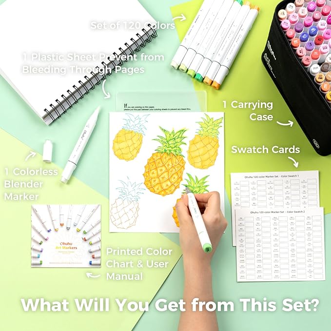 Ohuhu Alcohol Markers Brush Tip -Double Tipped Art Marker Set for Artist Adults Coloring Illustration -120 Colors -Brush &Fine -Honolulu B-Refillable