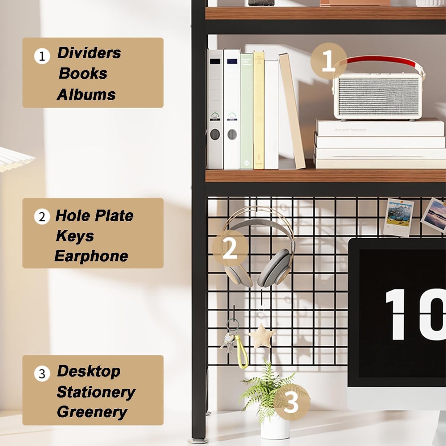 2-Tier Desktop Hutch Bookshelf Metal Desk Shelf Dorm Bookcase for Computer Desk Countertop Storage Organizer Display Rack for Office Home (White, 45.2in)