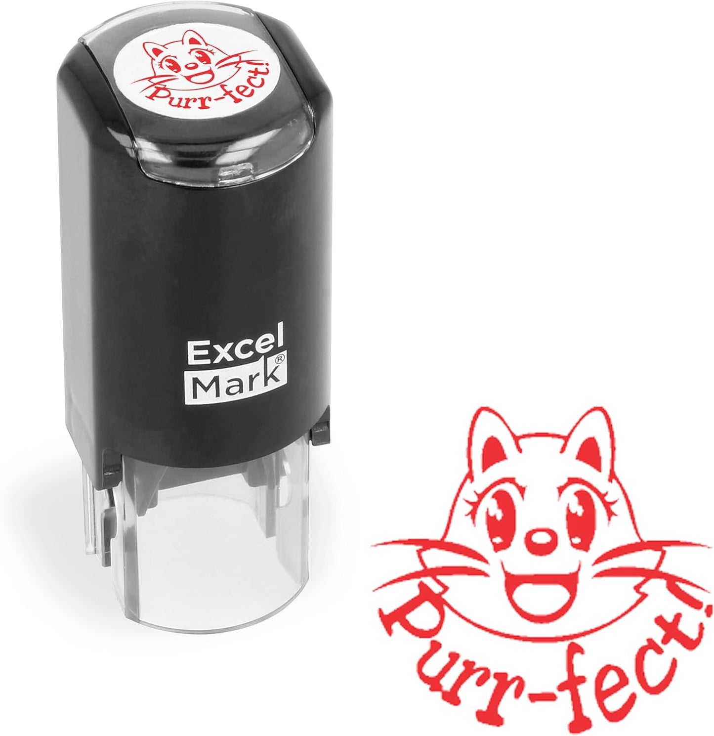 ExcelMark Round Teacher Stamp - Purr-FECT! - RED Ink