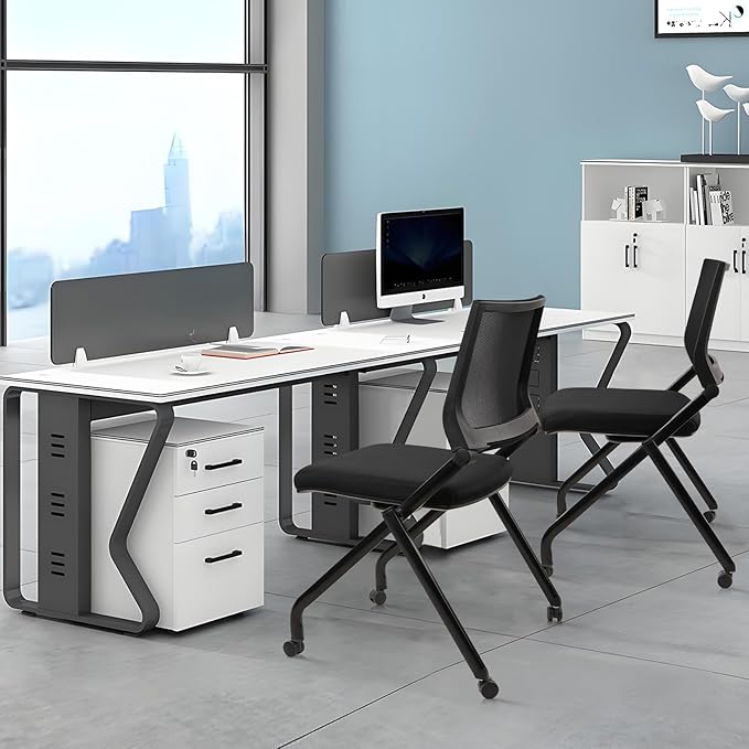 CLATINA Stackable & Foldable Conference Room Chairs, Waiting Room Chairs with Wheels & Lumbar Support, Ergonomic Mesh Bouncing Back Folding Chair for Office Meeting Schools Training Room, Black(4pk)