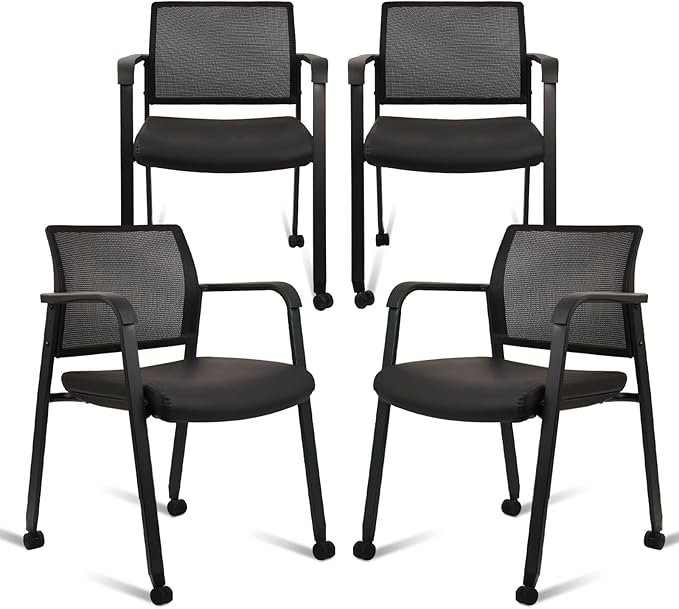 CLATINA Stacking Office Chair with Wheels, Mesh Back Waiting Room Guest Chairs with Arms Comfortable Leather Cushion Stackable Desk Chair for Conference Reception School Side Stationary, Black, 4PK