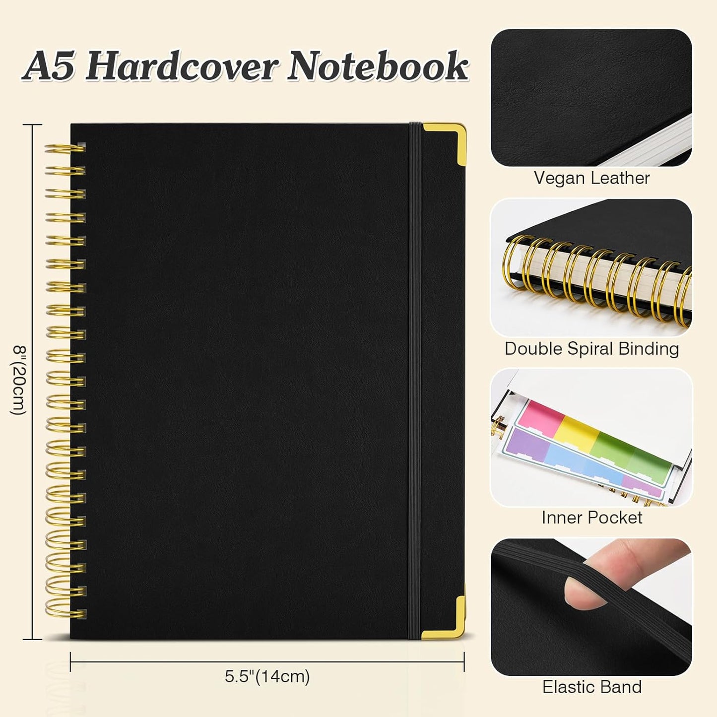 Bullet Dotted Journal Spiral Notebook, 300 Pages Leather Notebooks with Contens, 120 GSM Thick No Bleed Through Paper Journals, A5 Dot Grid Notebook for Women Men School Work Writing, 5.5" x 8", Black