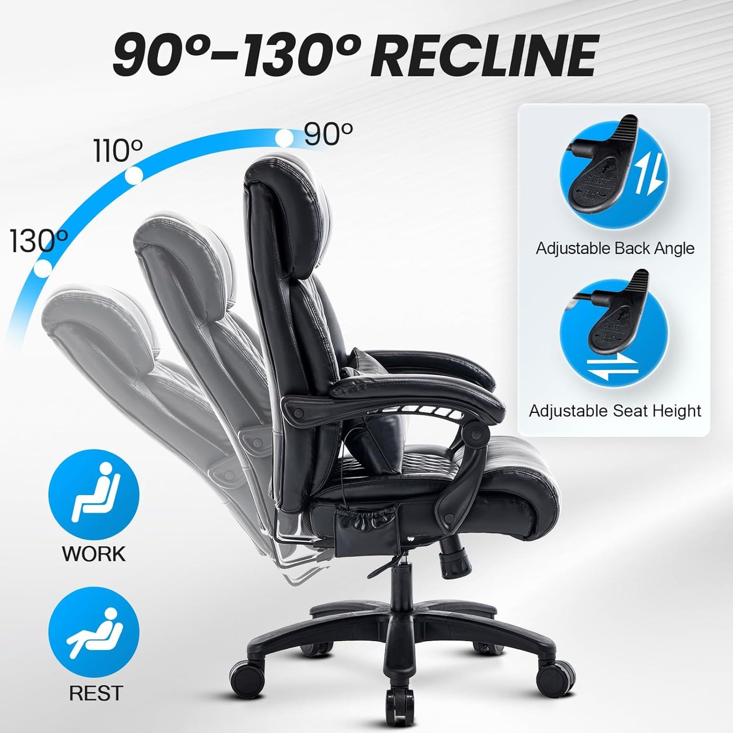 Lumbar Massage Office Chair, 500LBS Big and Tall Office Chair, Heavy Duty Ergonomic Executive Reclining Chair with High Back and Lumbar Support, Black