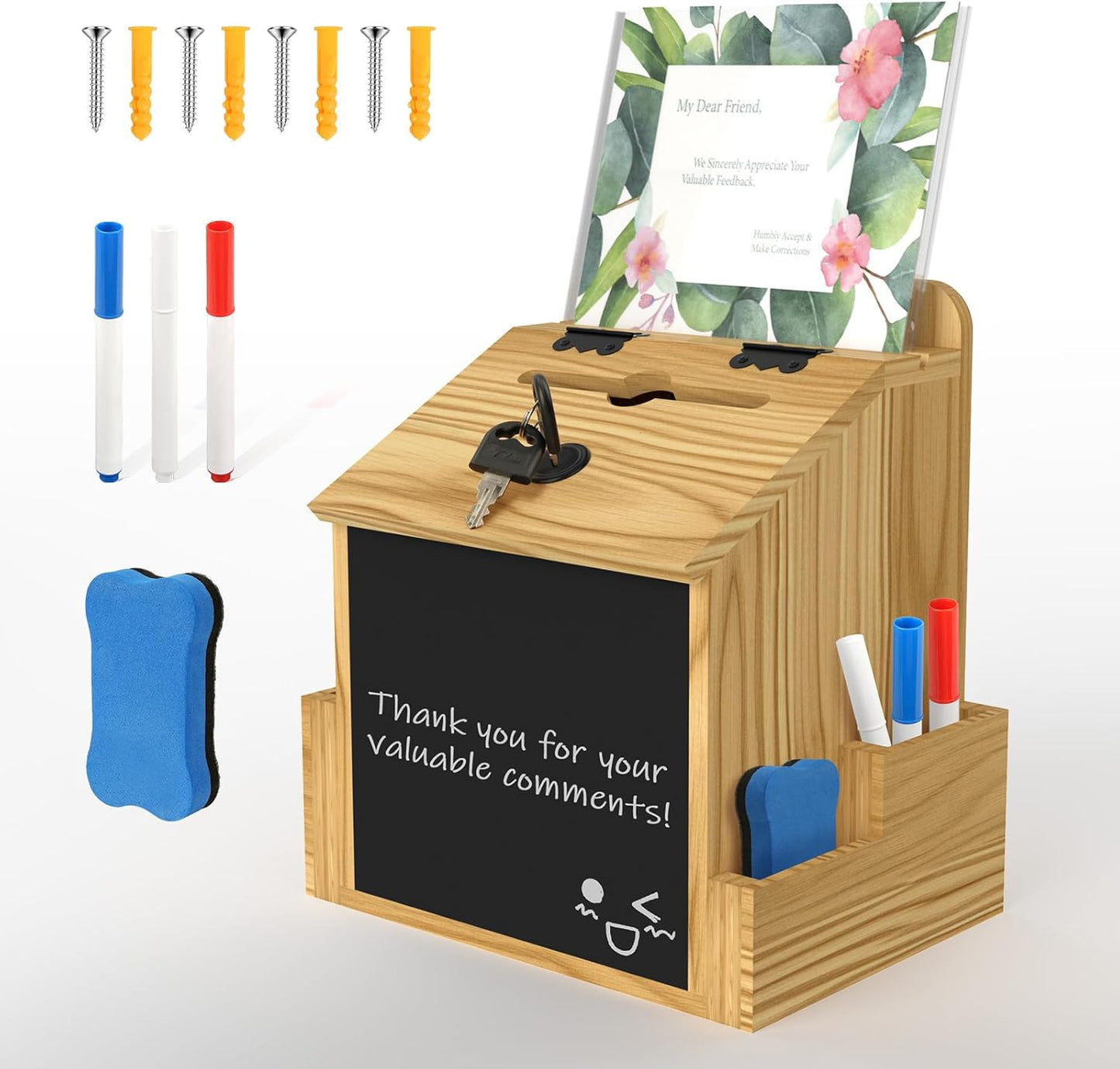 Skdtazrz Wooden Suggestion Box with Slot and Lock,Tip Money Donation Box for Savings Fundraising, Tabletop & Wall Mounted Prayer Box, Office Comment Ballot Box with Sign Slot Eraser and Pens