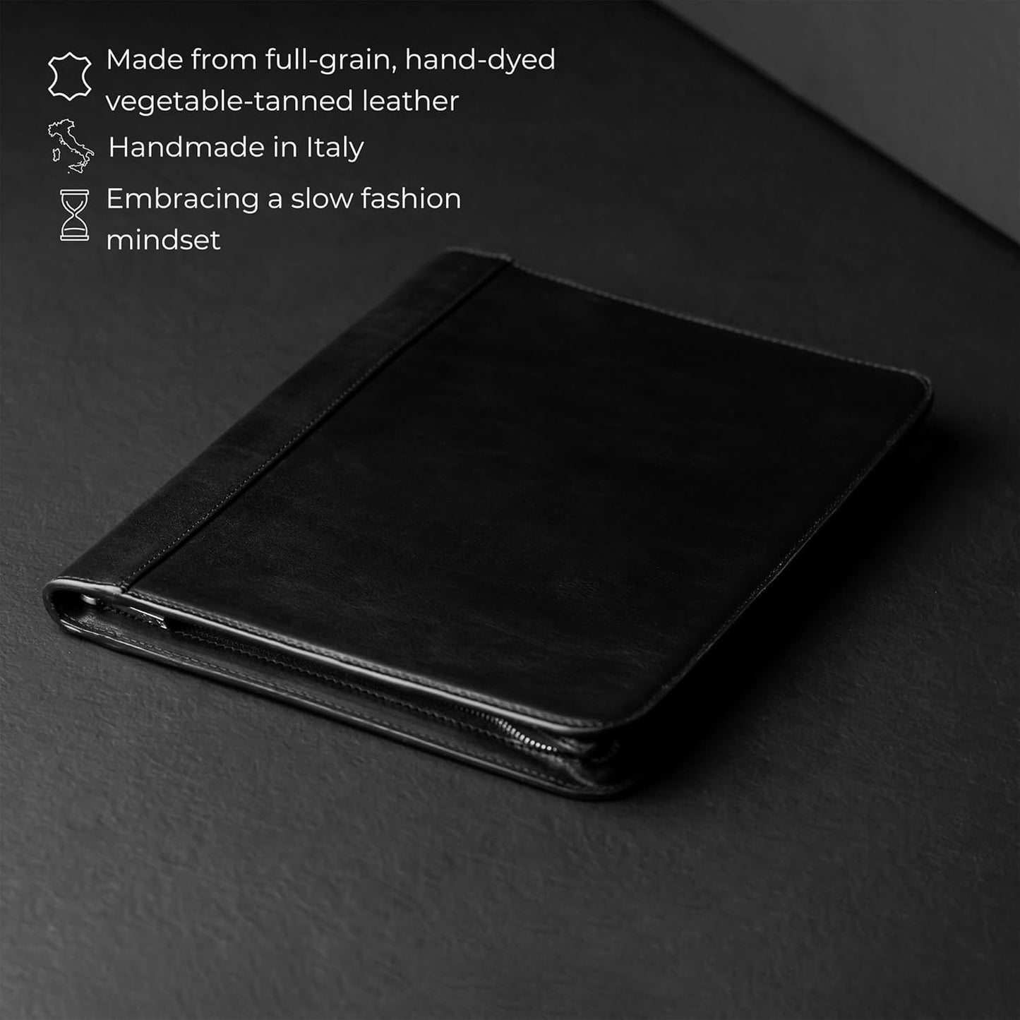 Time Resistance Leather Portfolio - A4 Document Folder - Italian Handcrafted Padfolio Organizer (Black) - Gift Box Included