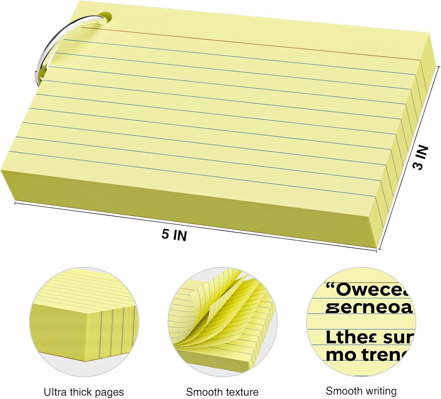 250 Count Yellow Index Cards 3x5 Inch with Key Ring, Color Flash Index Card (50 Sheets Each), Durable & Portable Note Taking for Students, Teachers, Study Note Cards for Office Home School