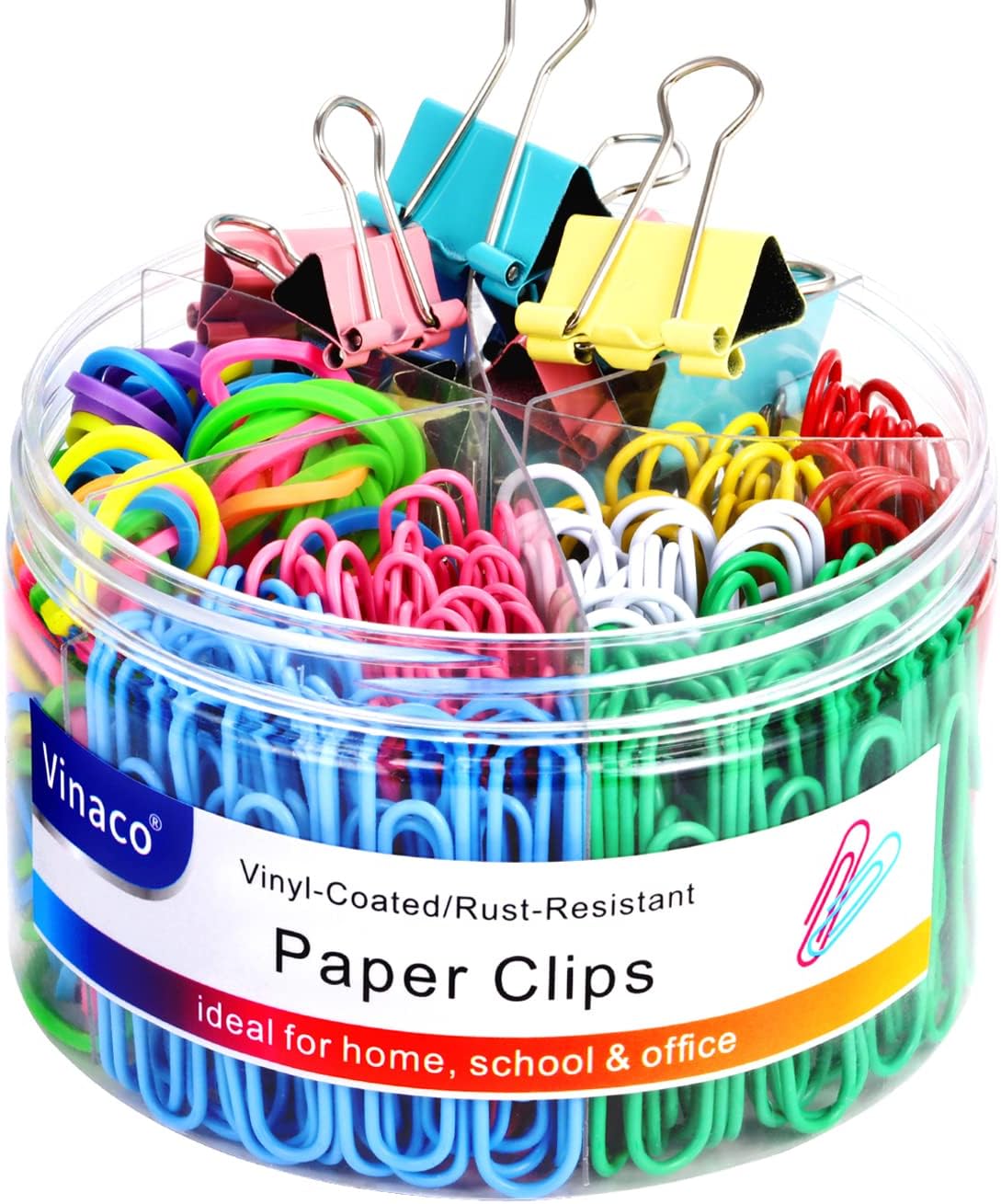 Vinaco 300PCS Paper Clips and Binder Clips Assorted Sizes, Colored Paper Clips (2" Large/1.3" Medium), Binder Clips (1" Medium /0.75" Small/0.6" Mini) and Rubber Bands for Home Office School