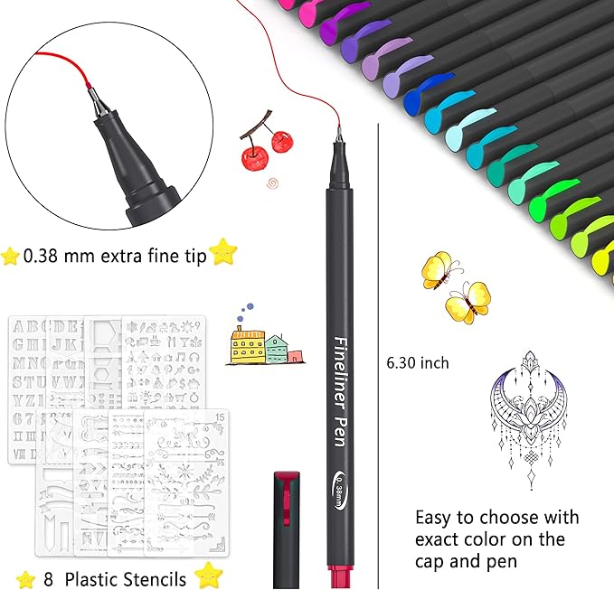 Tebik 80 Pack Planner Colored Pens, 72 Colors Drawing Pens with 8 Stencils, Fineliners for Journal Planner Note Calendar Writing Coloring, Drawing & Detailing School Office Art Supplies