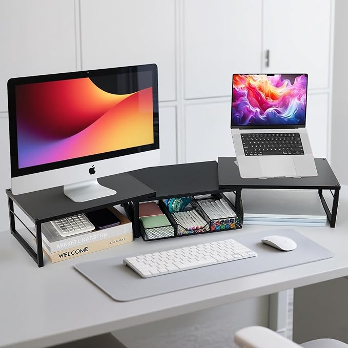 Dual Monitor Stand Riser, Desk Organizer with Drawer, Office Desk Organizers and Accessories, Office Workspace Organization, Computer Monitor Stand for Laptop, Printer (Black)