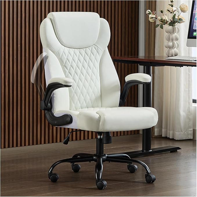 Office Chair, Executive Leather Chair Home Office Desk Chairs, Ergonomic Computer Desk Chair with Adjustable Flip-Up Arms, Lumbar Support Swivel Task Chair with Rocking Function (White)