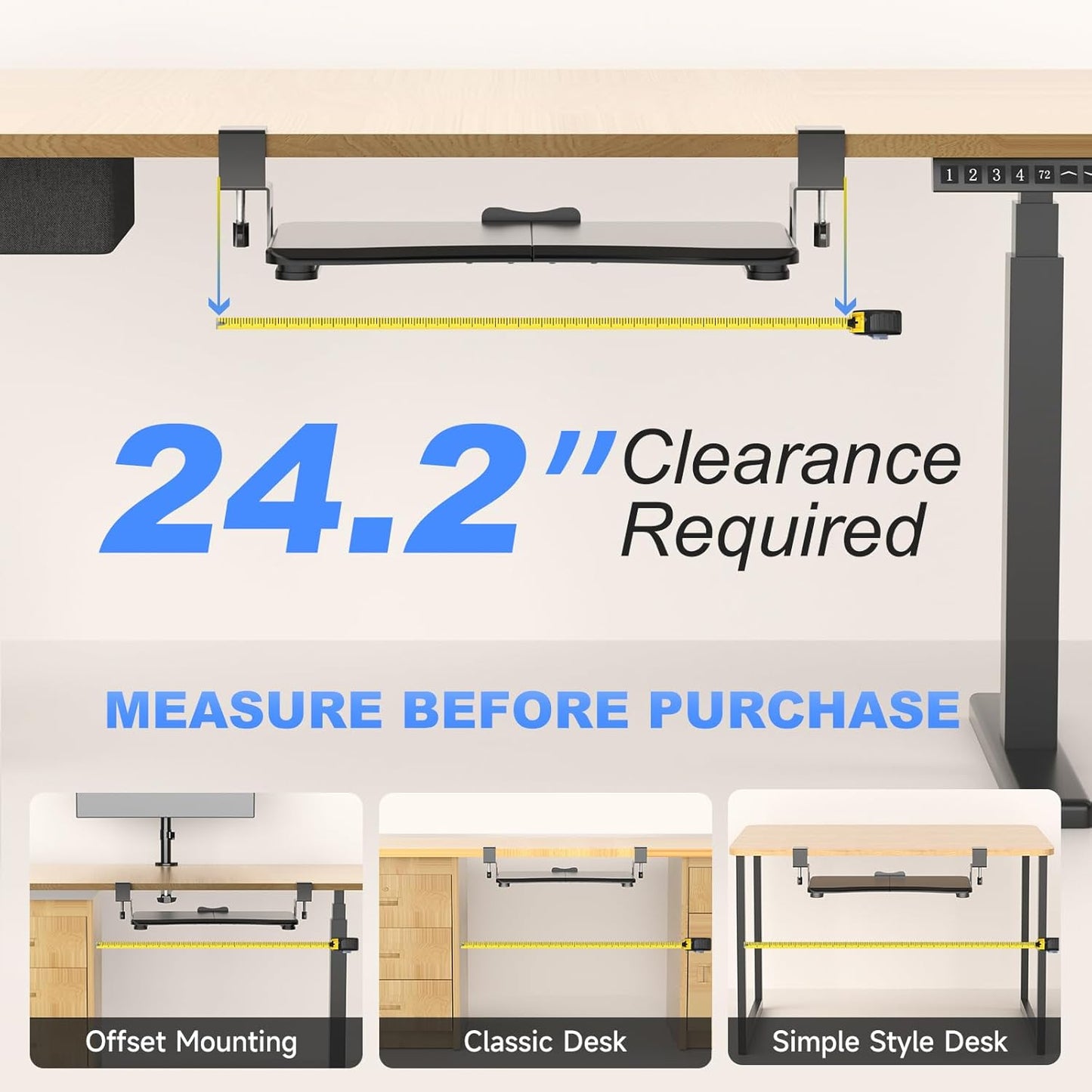 suptek Small Keyboard Tray Under Desk Pull Out with C Clamp Mount, Computer Keyboard & Mouse Tray, 20 (24.2 Including Clamps) x 11.8 inch Slide-Out Platform Computer Drawer for Typing, Black, DSF1S