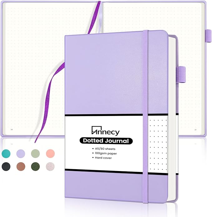 Annecy Numbered Bullet Dotted Journal Notebook, Medium 5.5x 8.25, 160 Pages 100GSM Writing Paper, A5 Purple Faux Leather Cover with Pen Loop