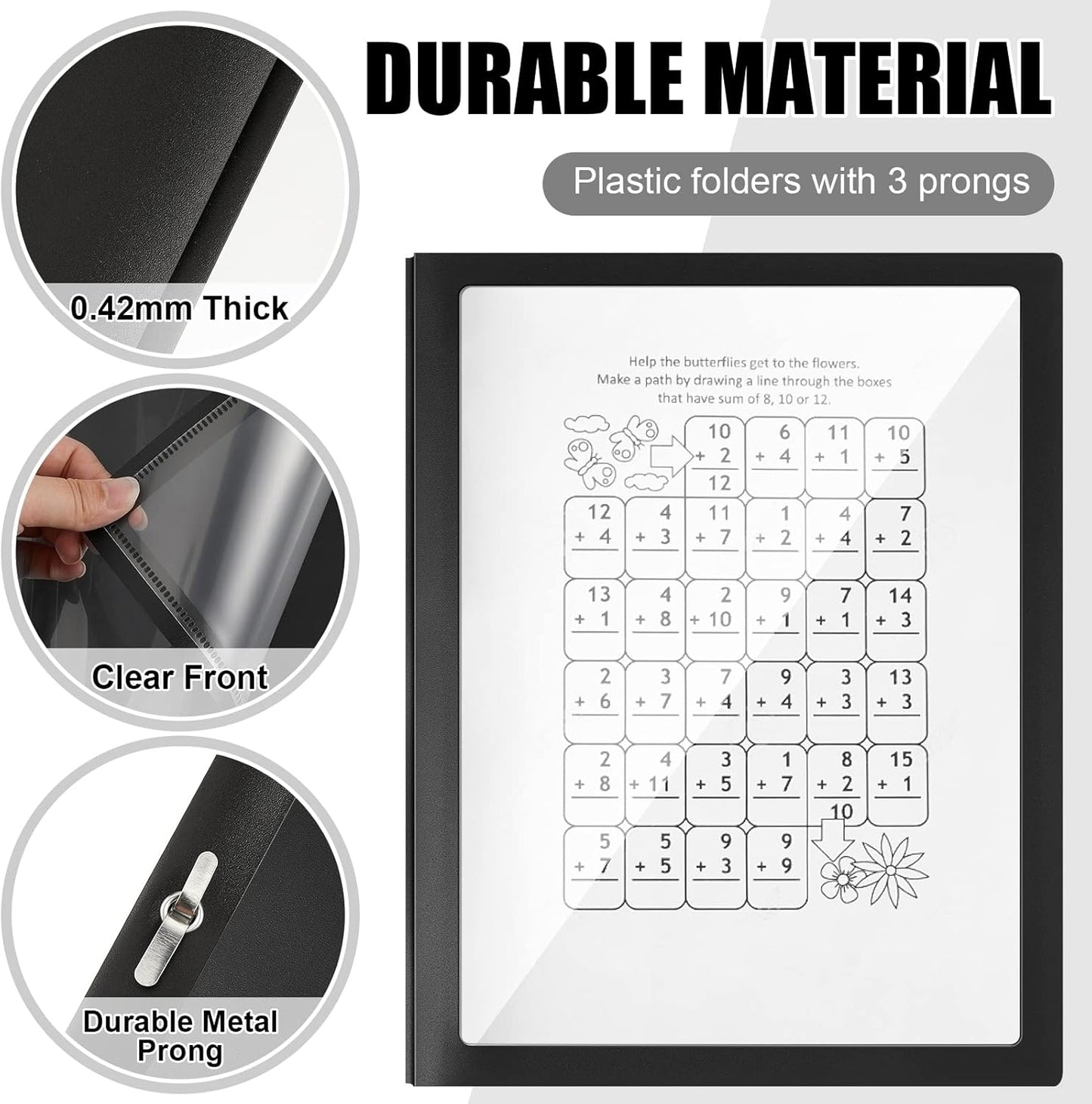 Teling 36 Pcs Report Covers with 3 Prong Fasteners Clear Front Presentation Folders Frame View Poly Report Folder Presentation Binder for Paper Document School Office(Black)