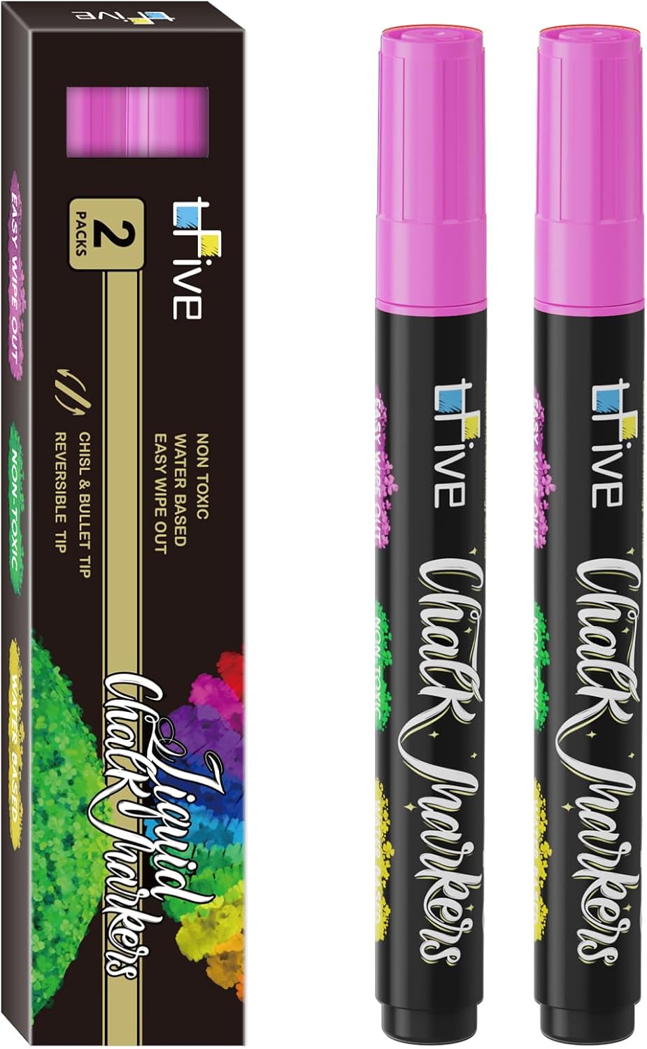 TFIVE Pink Liquid Chalk Markers - 2 Pack Bright Colors Erasable Chalk Marker Pens, Reversible Tip, Non-Toxic, for Chalkboards, Signs, Glass, Easy to use Chalk markers TF800