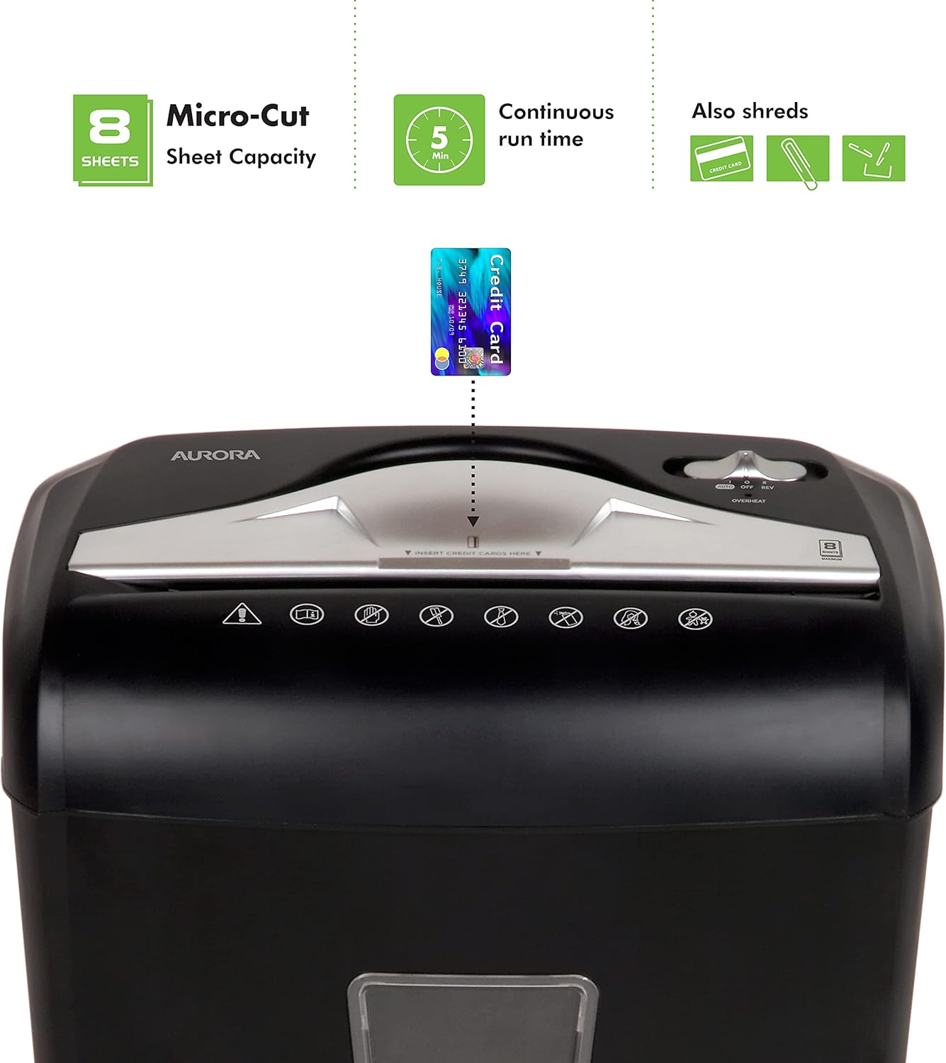 Aurora High-Security 8-Sheet Micro-Cut Paper Credit Card Shredder Black