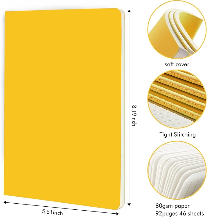 16 Pack Soft Cover Journal Bulk, Feela Lined Notebooks College Ruled for Work for Women Girl Writing, Blank Travel Journal Note Taking Notebook School Business Supplies, 8.2” x 5.5”, A5, Yellow