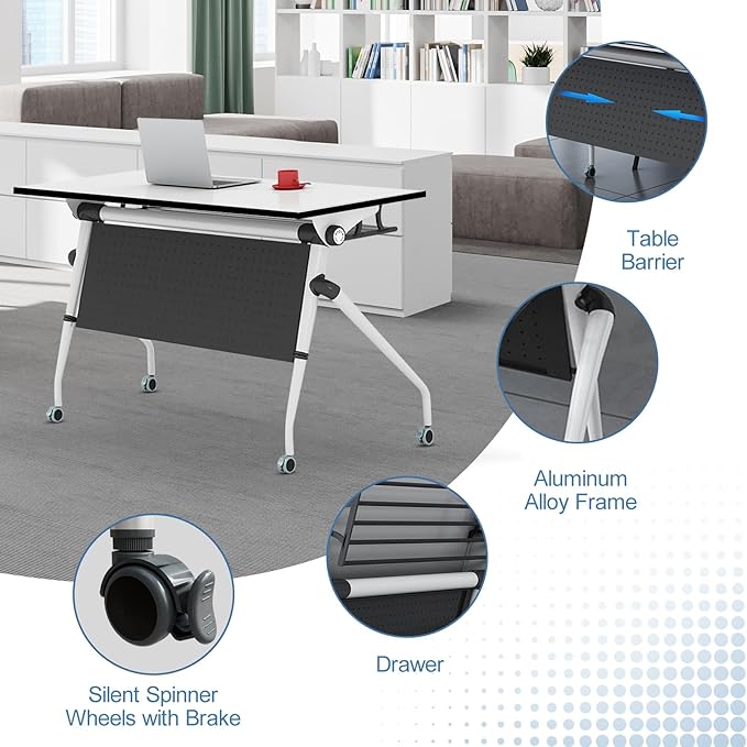 Conference Table, Folding Conference Room Tables, Mobile Training Tables with Silent Wheels, Large Rectangular Modular Seminar Table Office Computer Desks for Classroom White (10Pack L55.1in)