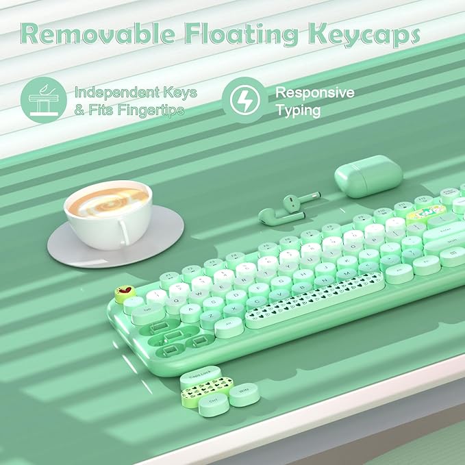 Wireless Keyboard Mouse Set,MOFII 104 Round Keys Lovely Retro Cute Colorful Computer Typewriter Keyboard and Mouse for PC/Mac/Laptop/Tablet/Computer/Windows Green