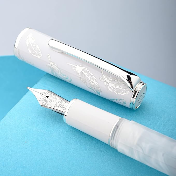 Hongdian N8 White Acrylic Resin Fountain Pen, Iridium Extra Fine Nib Silver Plated Feather Carving Cap Smooth Writing Pen with Converter and Metal Pen Box Set