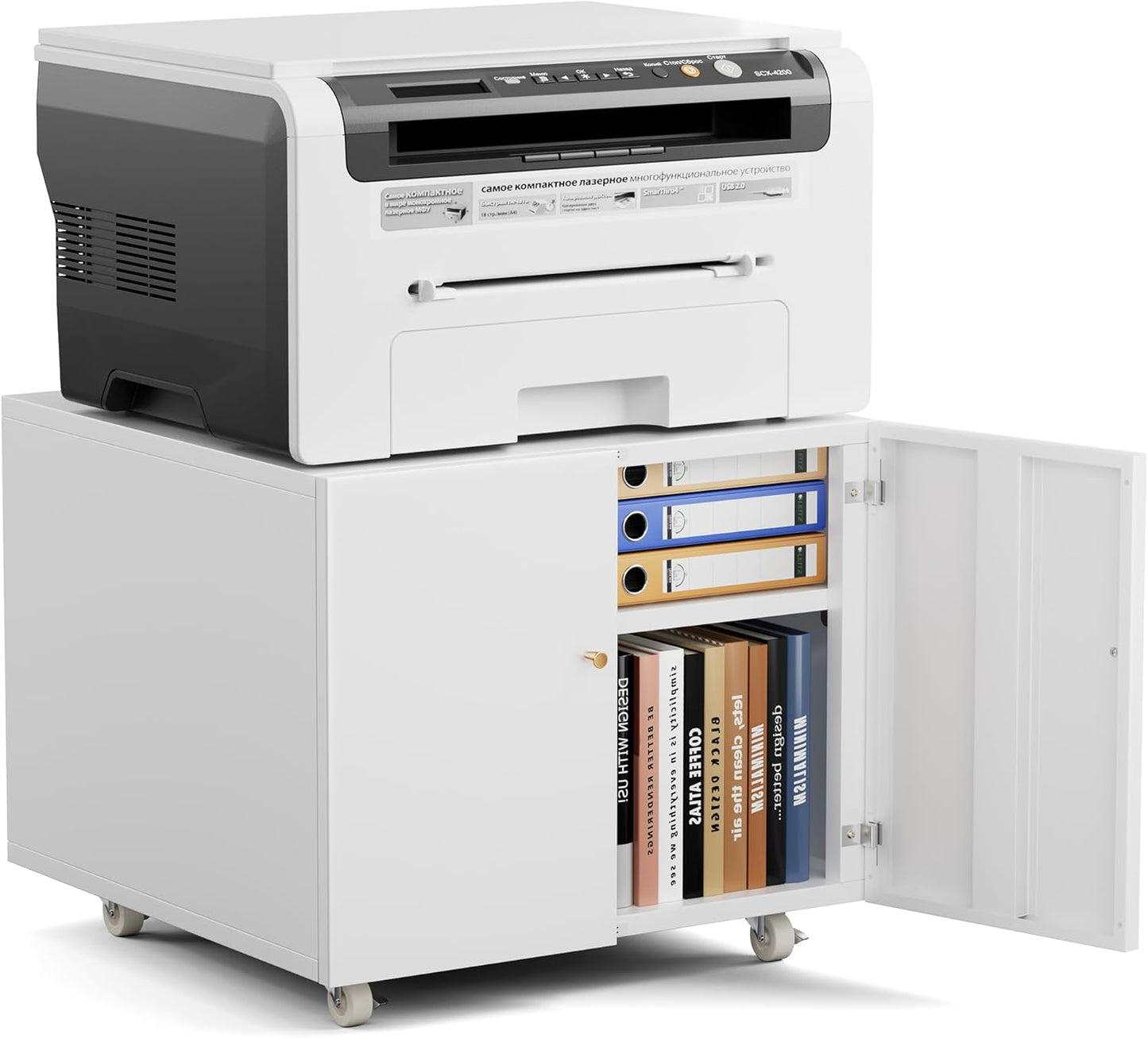 Warmiehomy Metal Printer Stand, 24x24x18'' Printer Cabinet with Storage, Mobile Printer Table with Wheels, Desk for Small Spaces with Door, Adjustable File Cabinet for Home Office (White)