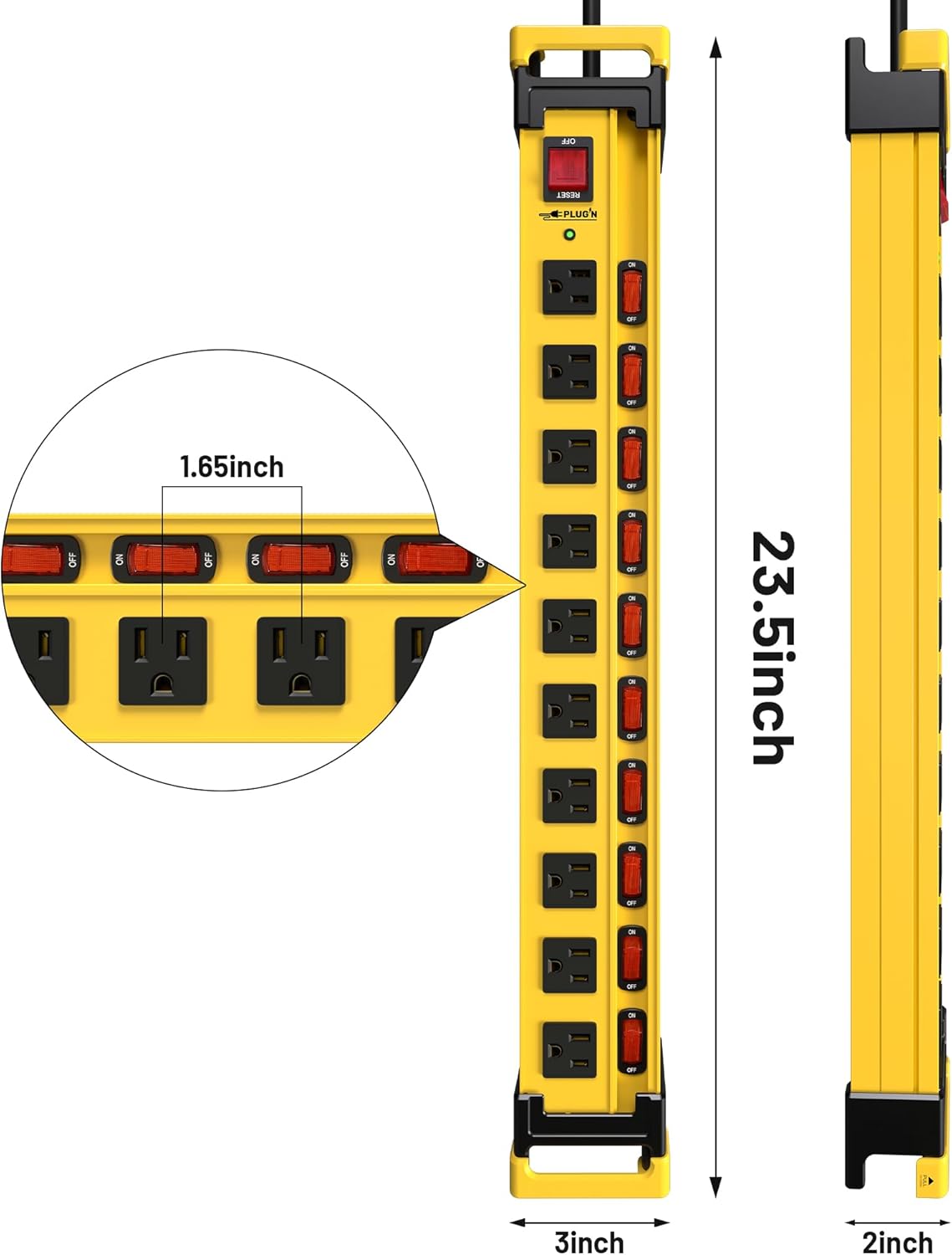 Plug'n 10 Outlet 3300J Surge Protector Power Strip with Individual Switches,Heavy Duty Metal Power Strip with Cord Manager,3FT/14AWG/15AMP/1875W Power Cord for Workshop,Garage