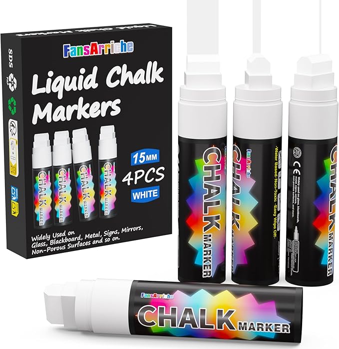 FansArriche White Chalk Markers, 15mm Jumbo Car Window Markers for Glass Washable, 4 Pack Liquid Chalk Marker Erasable for Chalkboard, Blackboard