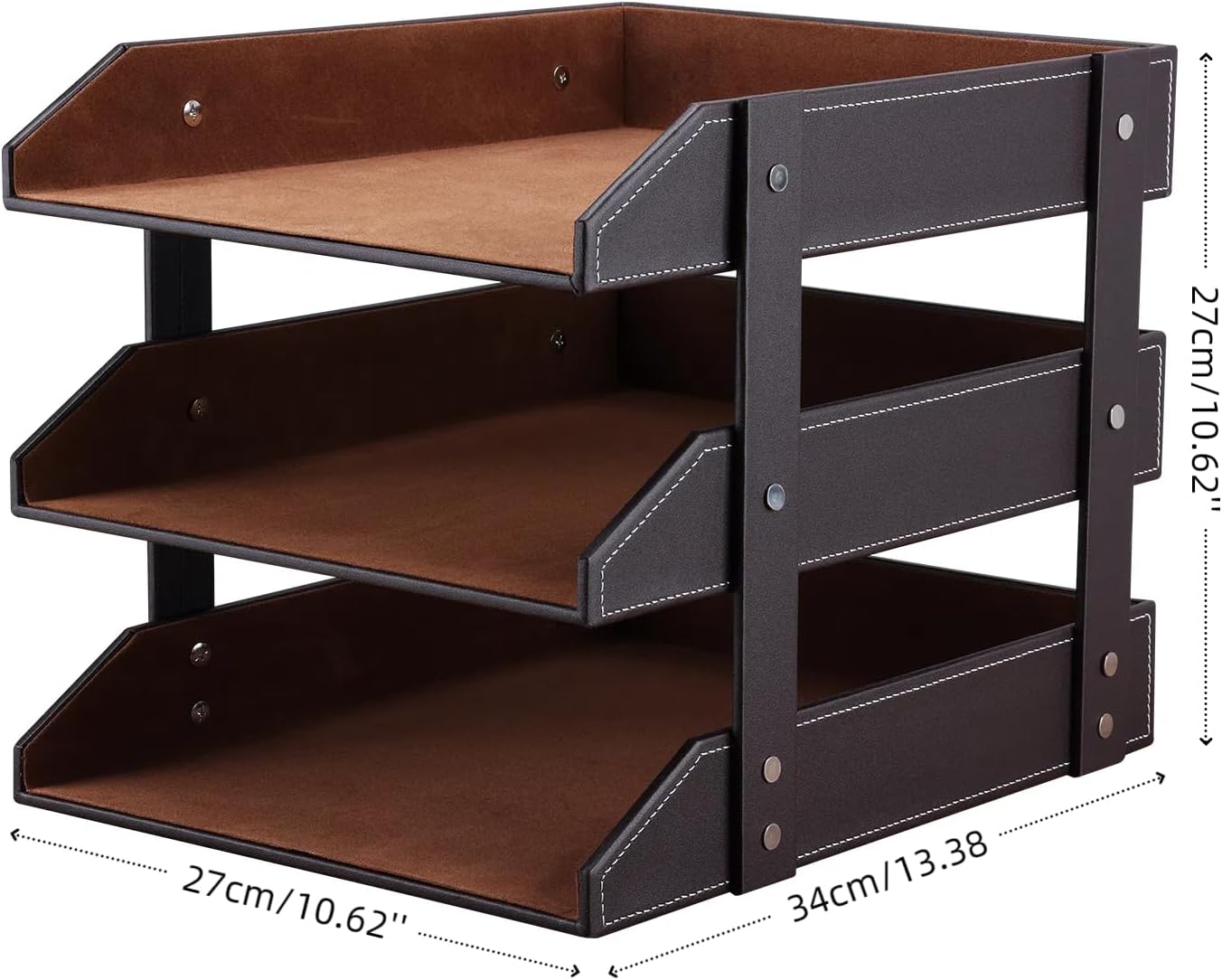 KINGFOM Letter Tray, Leather Paper Organizer Tray, Wooden Desk File Holder, Desktop File, Stackable Magazine Holder, Mail Sorter, Great for Home or Office - 3 Level Brown