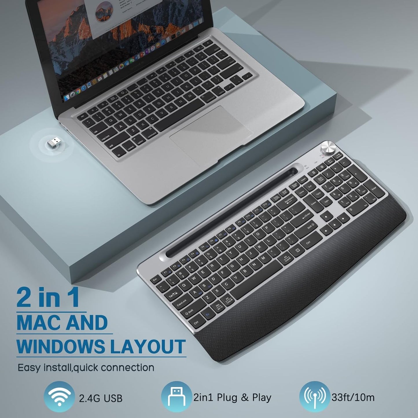 JOYACCESS Ergonomic Wireless Keyboard with Wrist Rest, Low-Profile,Phone Holder,2.4GHz Full Size Silent Cordless USB Computer Keyboard for Windows, Mac OS Desktop/Laptop/PC-Black Grey