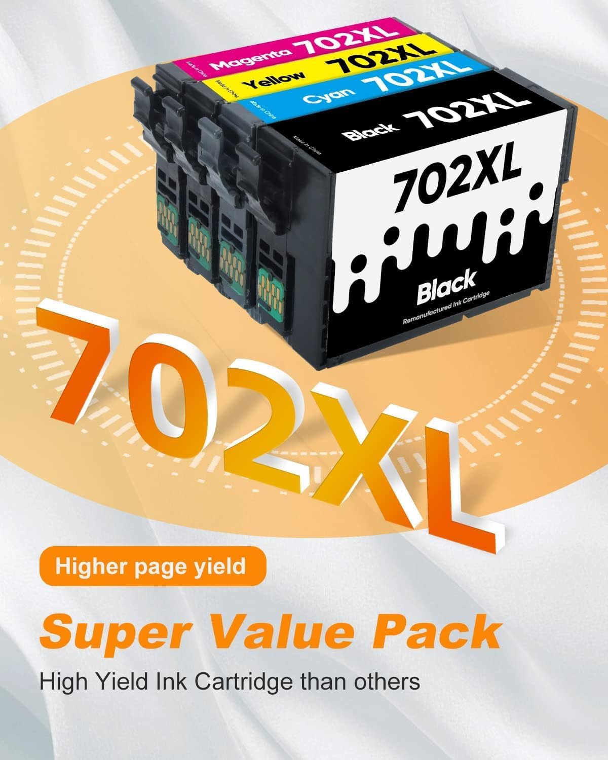 MILEKO 702XL Ink Cartridges Remanufactured Replacement for Epson 702XL 702 702 XL T702XL use with Workforce Pro WF-3720 WF-3730 WF-3733 Printer (1 Black 1 Cyan 1 Magenta 1 Yellow,4 Pack High Yield)