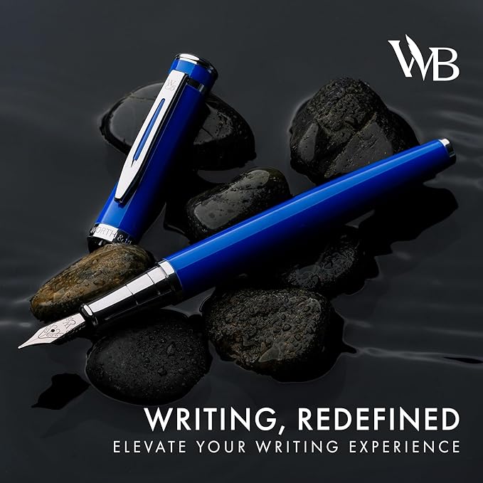 Wordsworth & Black Fountain Pen Set, Medium Nib, Includes 24 Pack Ink Cartridges, Ink Refill Converter & Gift Pouch, Chrome Finish, Calligraphy, [Imperial Blue], Perfect for Men & Women