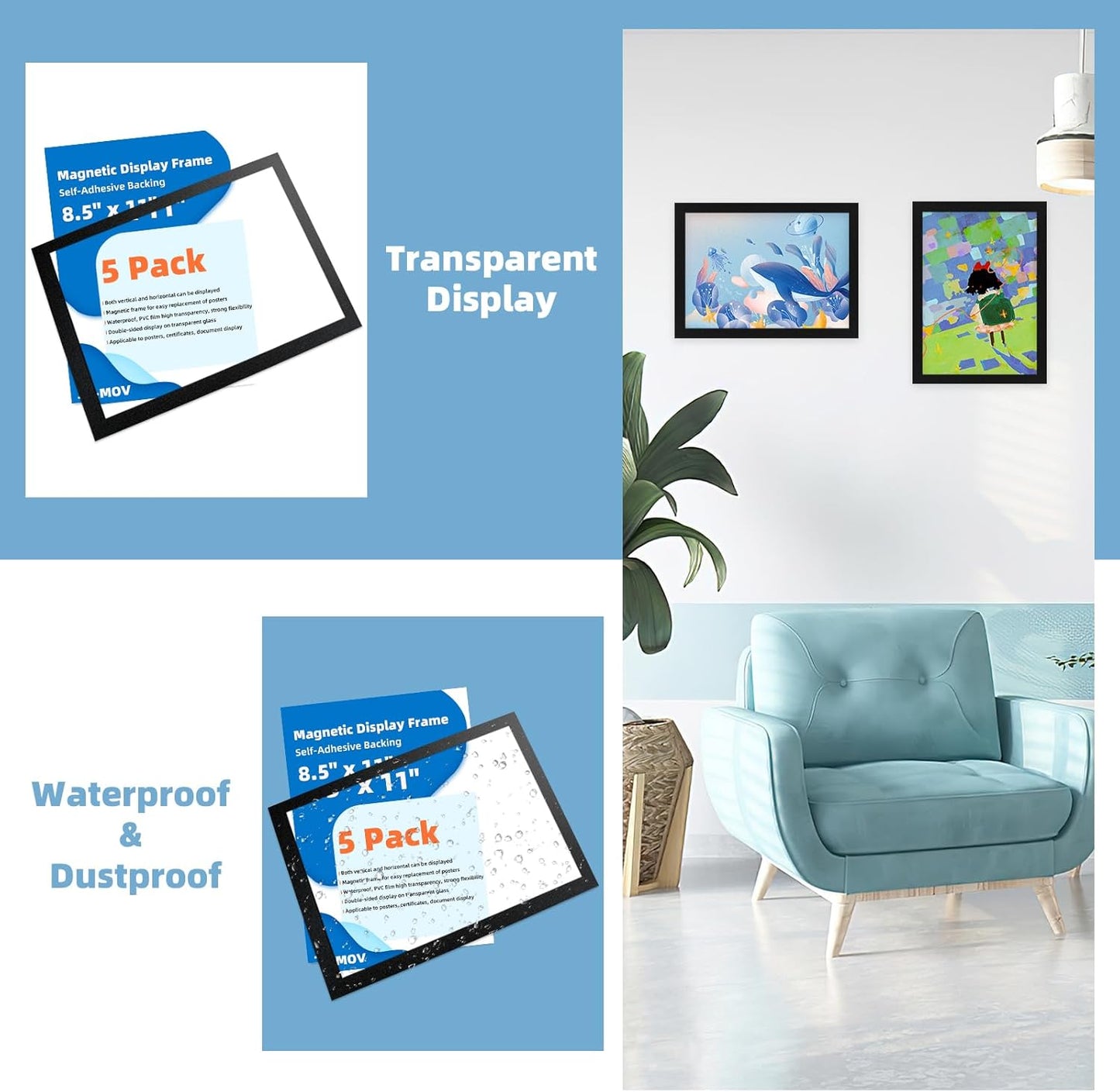 Magnetic Sign Holder 8.5 x 11-5Pcs Magnetic Frames for Refrigerator Double Sided Reusable Adhesive Frames for Walls Door Window Picture Photo Document Paper Poster Magnetic Display Frame