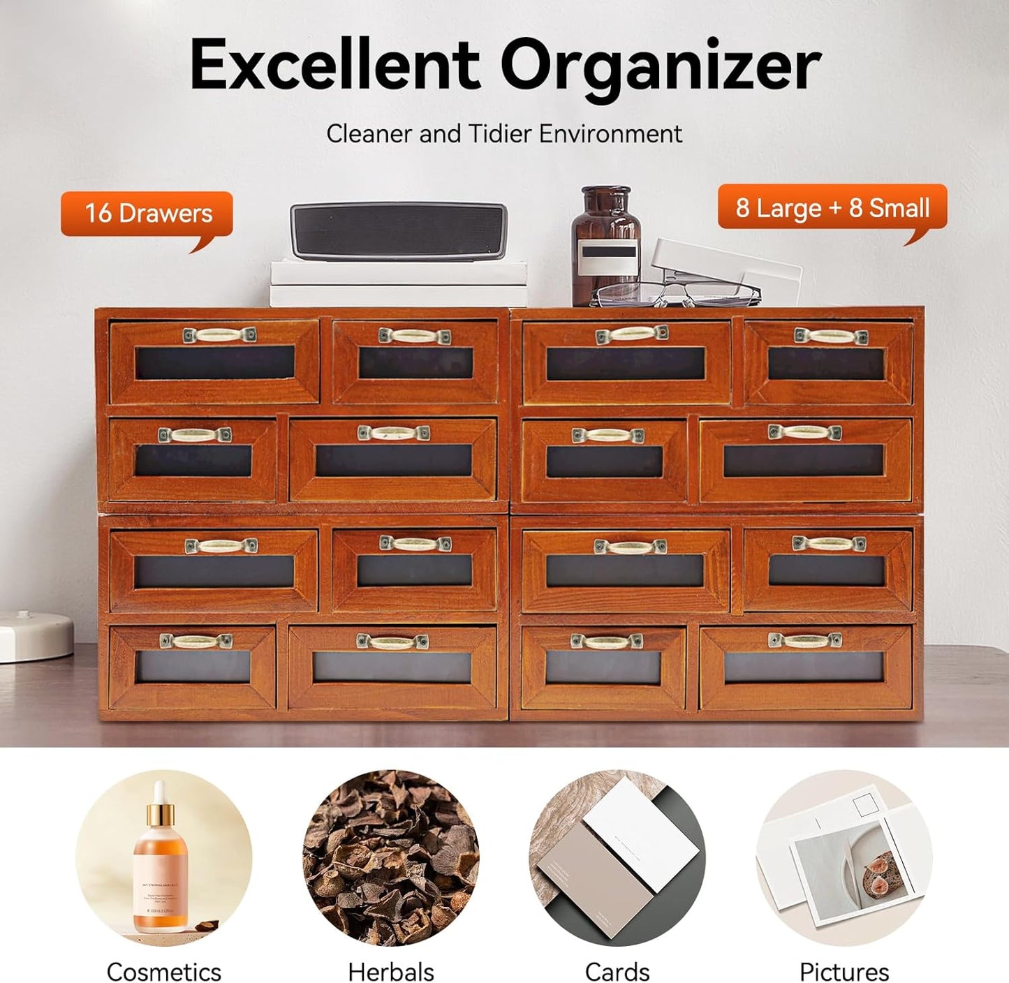 Vintage Drawer Wooden Drawers Organizer, 16-Drawer Desktop Organizer With Drawers, Iron Label Holders, Brown, For Store Cosmetics, Files, Books, Letters, Papers, Magazines (16-Drawer/Brown2)
