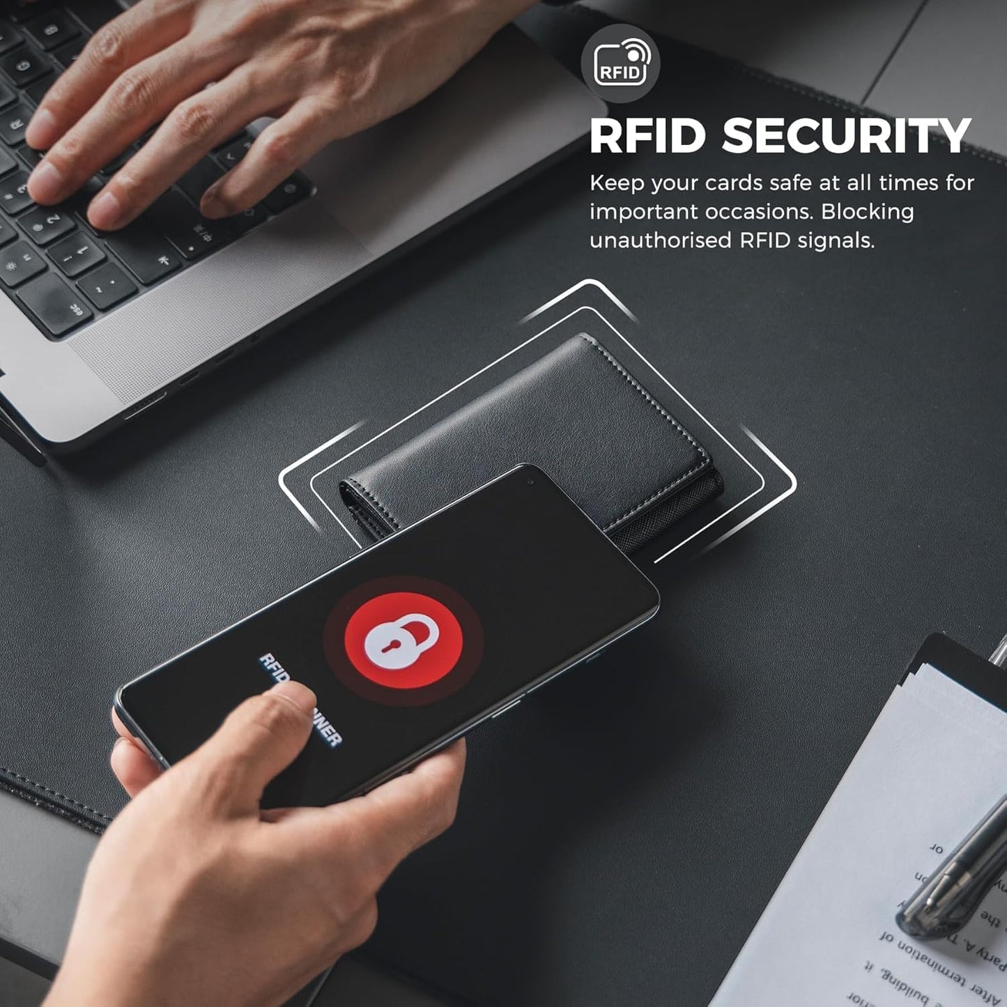 Real Leather Business Card Holder Premium RFID Blocking Card Case with ID Window and Magnetic Closure Holds Up to 40 Business Cards (Black)