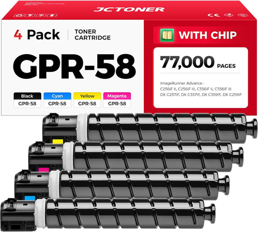 GPR-58 GPR58 High Yield Toner Cartridge 4-Pack Replacement for Canon ImageRunner Advance C256iF II C256iF III C356iF II C356iF III DX C257iF C357iF C359IF C259IF Printer Ink Black Cyan Magenta Yellow